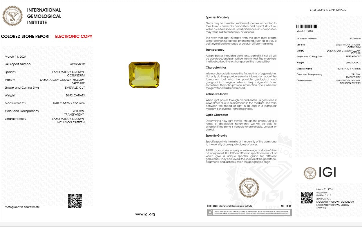 IGI Certified Laboratory Grown Yellow Sapphire | 20.92 Carat Emerald Cut | Premium Vivid Yellow Gemstone Secondary image