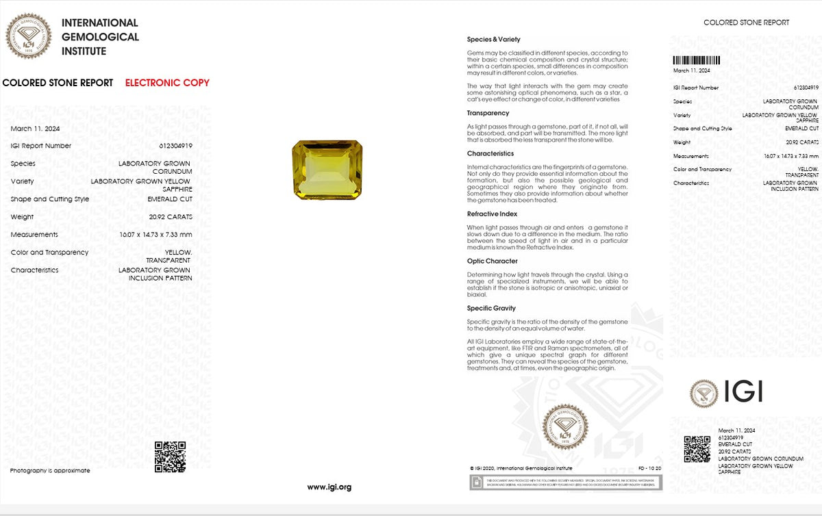 IGI Certified Laboratory Grown Yellow Sapphire | 20.92 Carat Emerald Cut | Premium Vivid Yellow Gemstone-Saleh Sallom