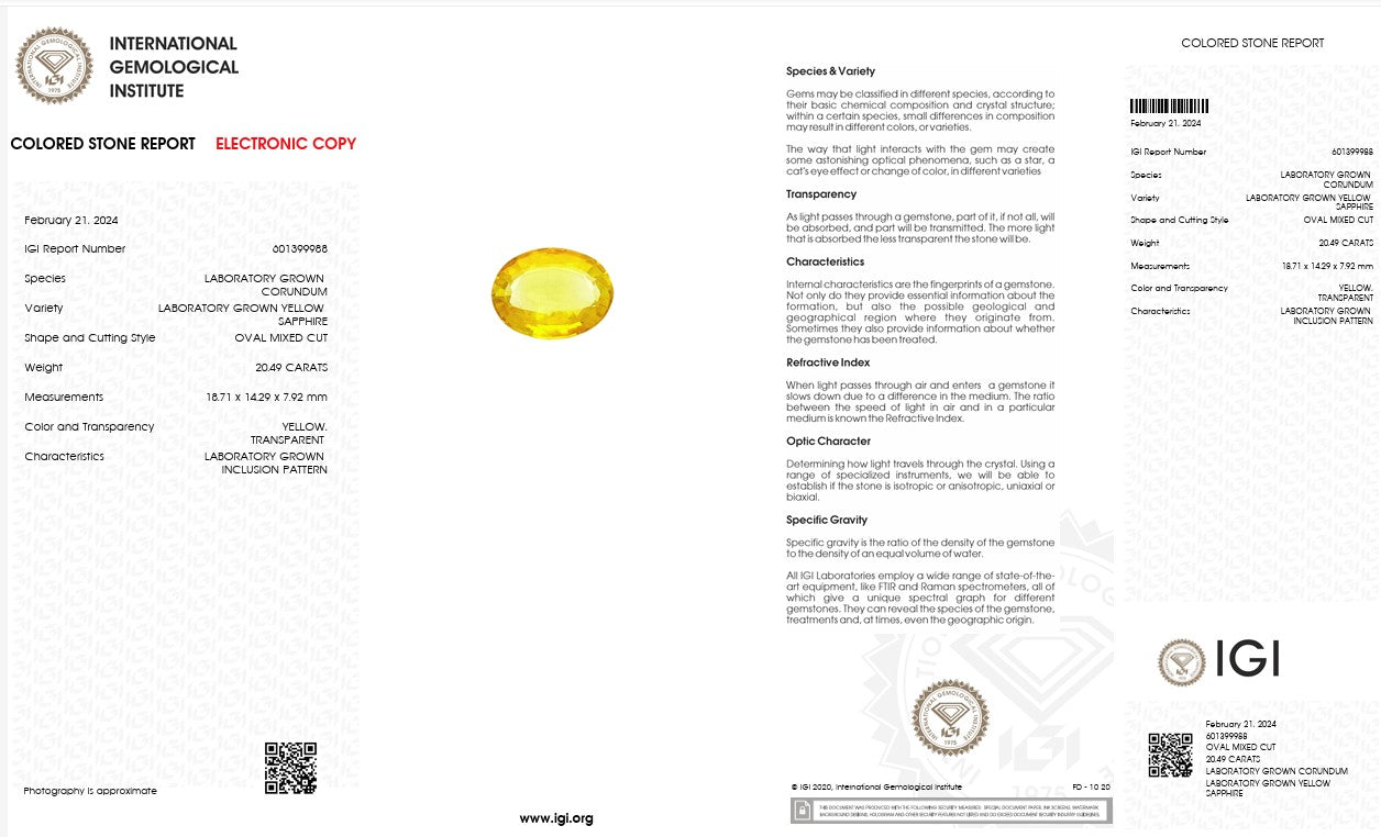 IGI Certified Laboratory Grown Yellow Sapphire | 20.49 Carat Oval Mixed Cut | Luxury Bright Yellow Gemstone Secondary image