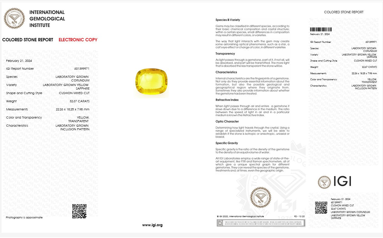 IGI Certified Laboratory Grown Yellow Sapphire | 32.67 Carat Cushion Mixed Cut | Exceptional Luxury Statement Gemstone Secondary image