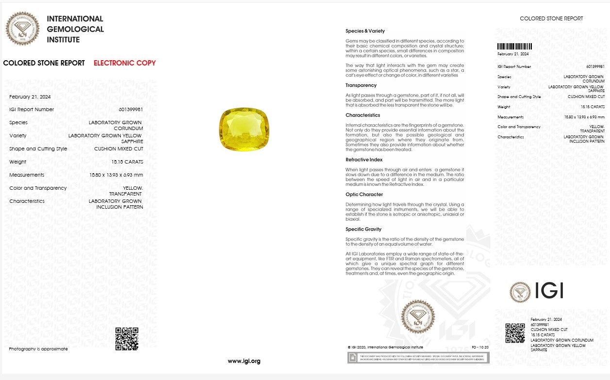 IGI Certified Laboratory Grown Yellow Sapphire | 15.16 Carat Cushion Mixed Cut | Premium Bright Yellow Gemstone Secondary image
