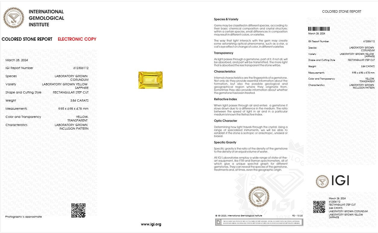 IGI Certified Laboratory Grown Yellow Sapphire | 3.84 Carat Rectangular Step Cut | Elegant Yellow Gemstone Secondary image