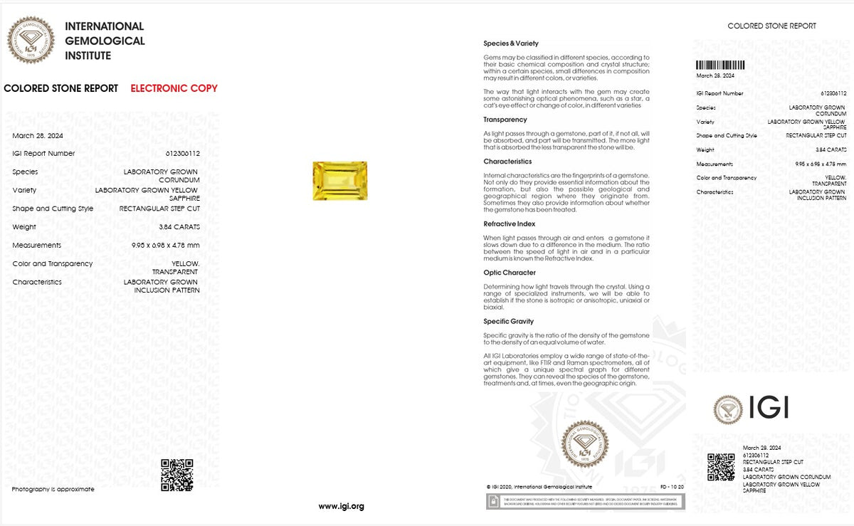IGI Certified Laboratory Grown Yellow Sapphire | 3.84 Carat Rectangular Step Cut | Elegant Yellow Gemstone-Saleh Sallom