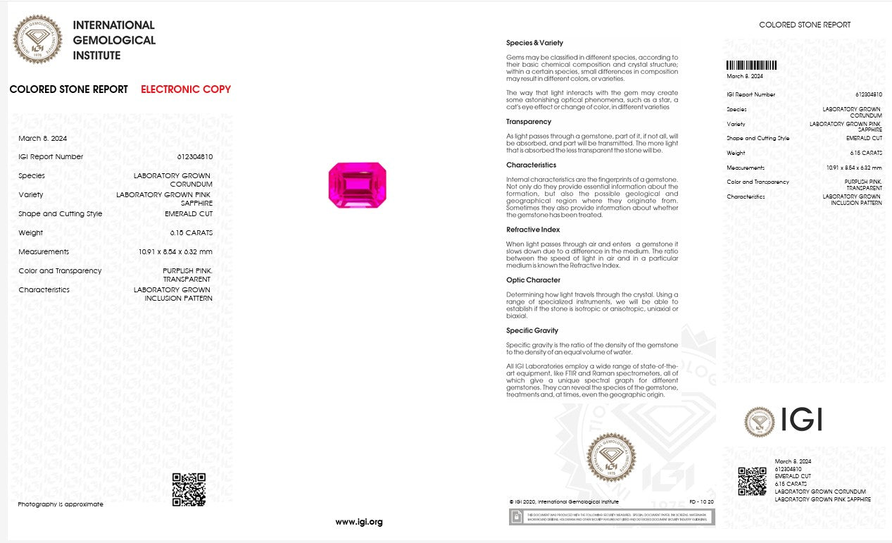 IGI Certified Laboratory Grown Pink Sapphire | 6.15 Carat Emerald Cut | Premium Purplish Pink Gemstone Secondary image