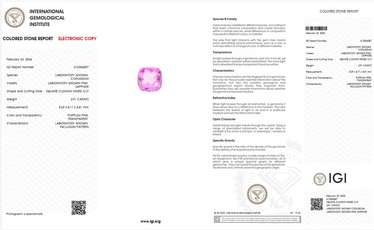 IGI Certified Laboratory Grown Pink Sapphire | 2.91 Carat Square Cushion Mixed Cut | Elegant Purplish Pink Gemstone Secondary image