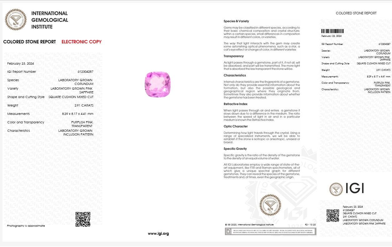 IGI Certified Laboratory Grown Pink Sapphire | 2.91 Carat Square Cushion Mixed Cut | Elegant Purplish Pink Gemstone Secondary image