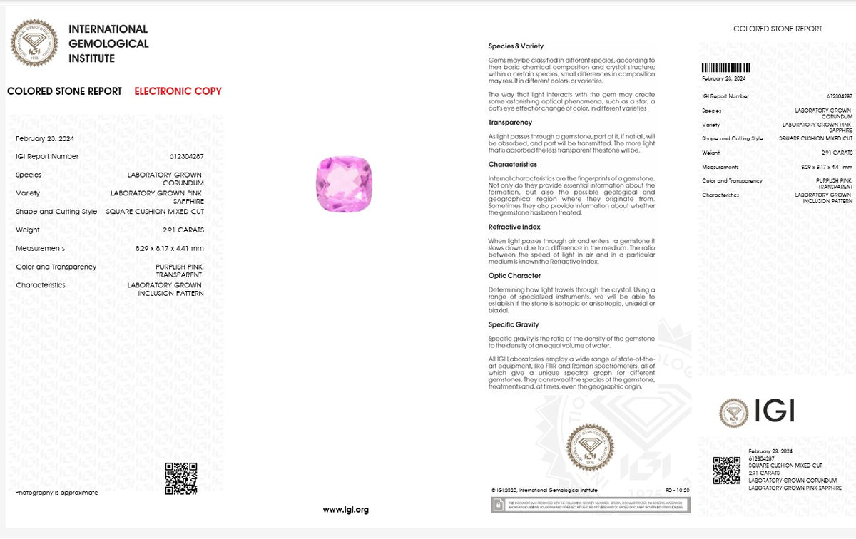 IGI Certified Laboratory Grown Pink Sapphire | 2.91 Carat Square Cushion Mixed Cut | Elegant Purplish Pink Gemstone-Saleh Sallom