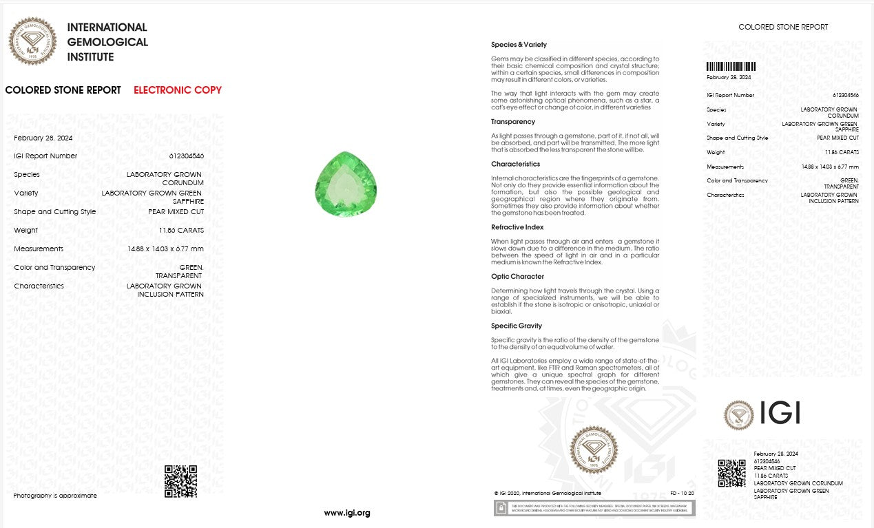 IGI Certified Laboratory Grown Green Sapphire | 11.80 Carat Pear Mixed Cut | Vibrant Green Gemstone Secondary image