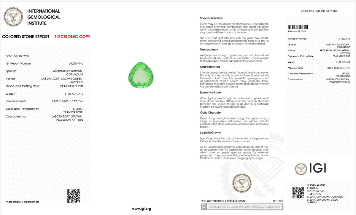 IGI Certified Laboratory Grown Green Sapphire | 11.80 Carat Pear Mixed Cut | Vibrant Green Gemstone-Saleh Sallom