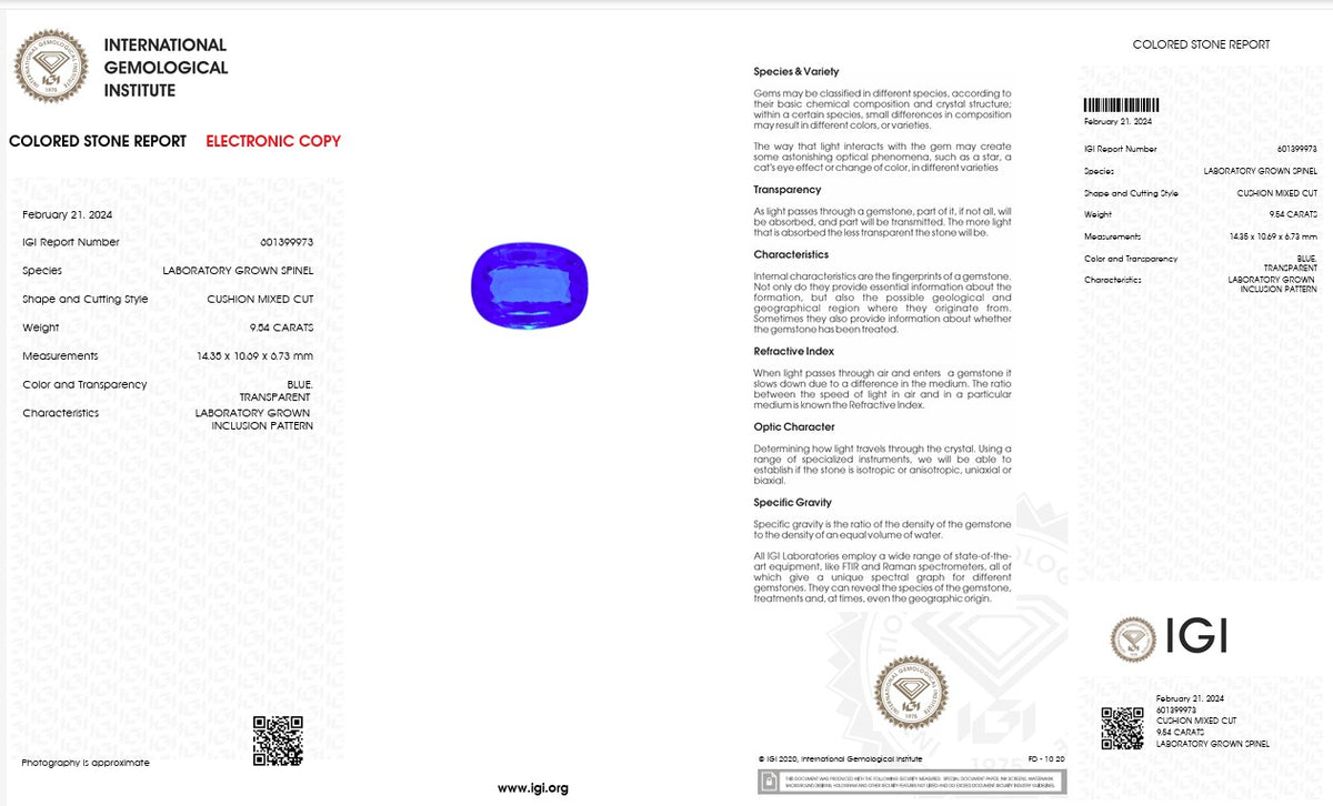 IGI Certified Laboratory Grown Blue Spinel | 9.54 Carat Cushion Mixed Cut | Premium Vivid Blue Gemstone-Saleh Sallom