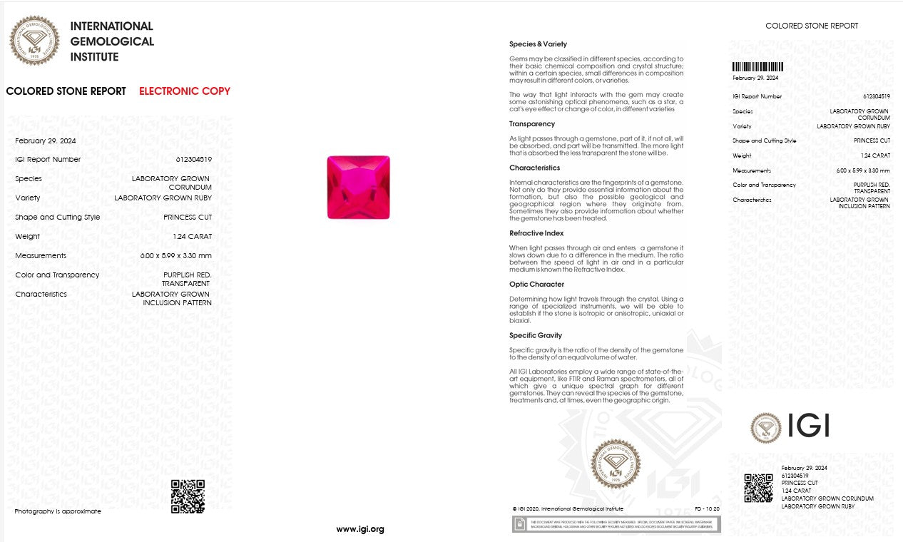 IGI Certified Laboratory Grown Ruby | 1.24 Carat Princess Cut | Purplish Red Gemstone Secondary image
