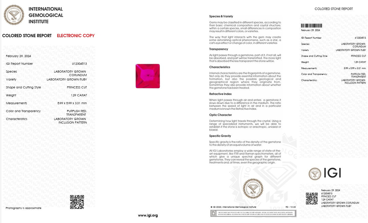 IGI Certified Laboratory Grown Ruby | 1.29 Carat Princess Cut | Purplish Red Gemstone-Saleh Sallom