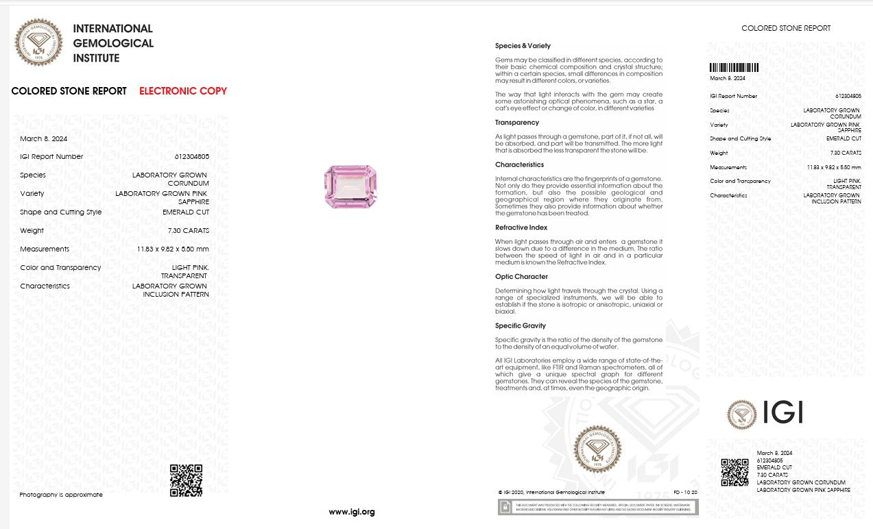 IGI Certified Laboratory Grown Pink Sapphire | 7.30 Carat Emerald Cut | Light Pink Gemstone Secondary image