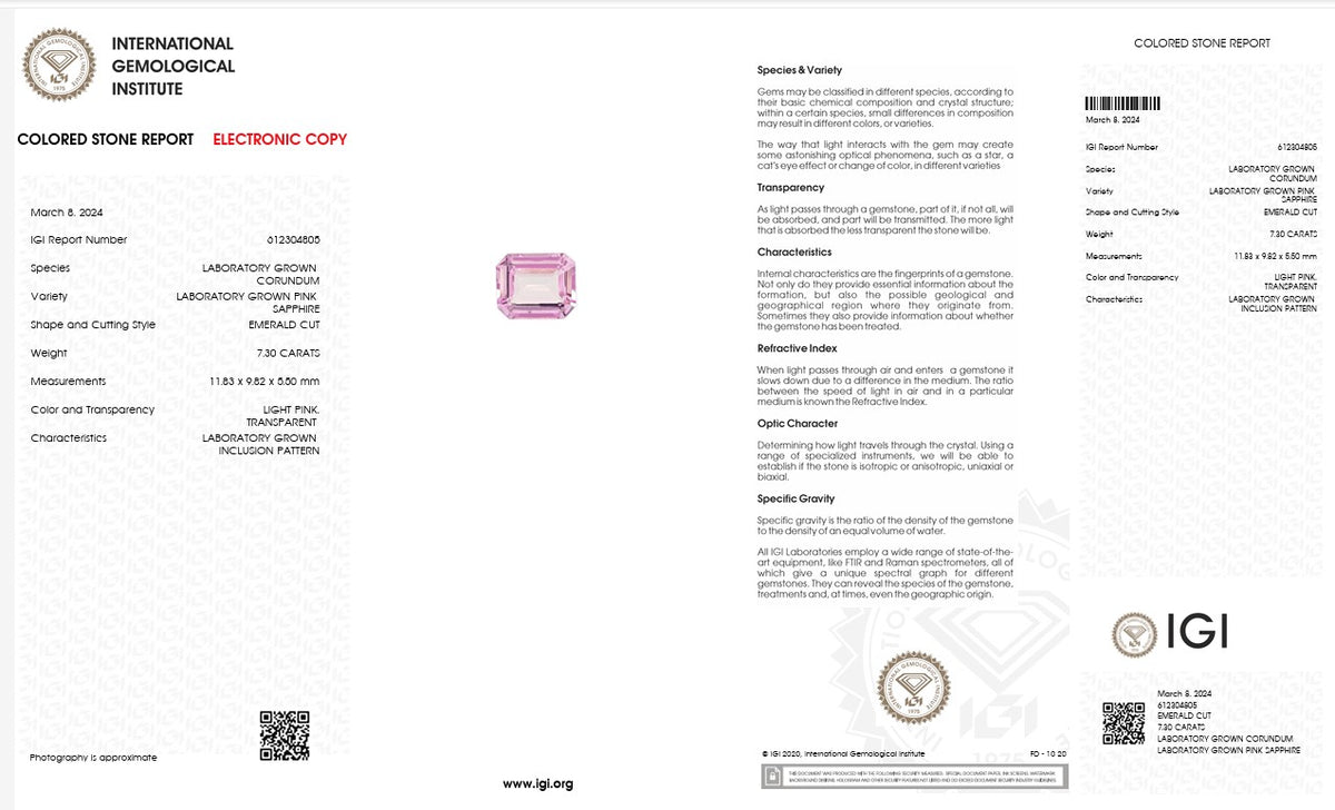 IGI Certified Laboratory Grown Pink Sapphire | 7.30 Carat Emerald Cut | Light Pink Gemstone-Saleh Sallom