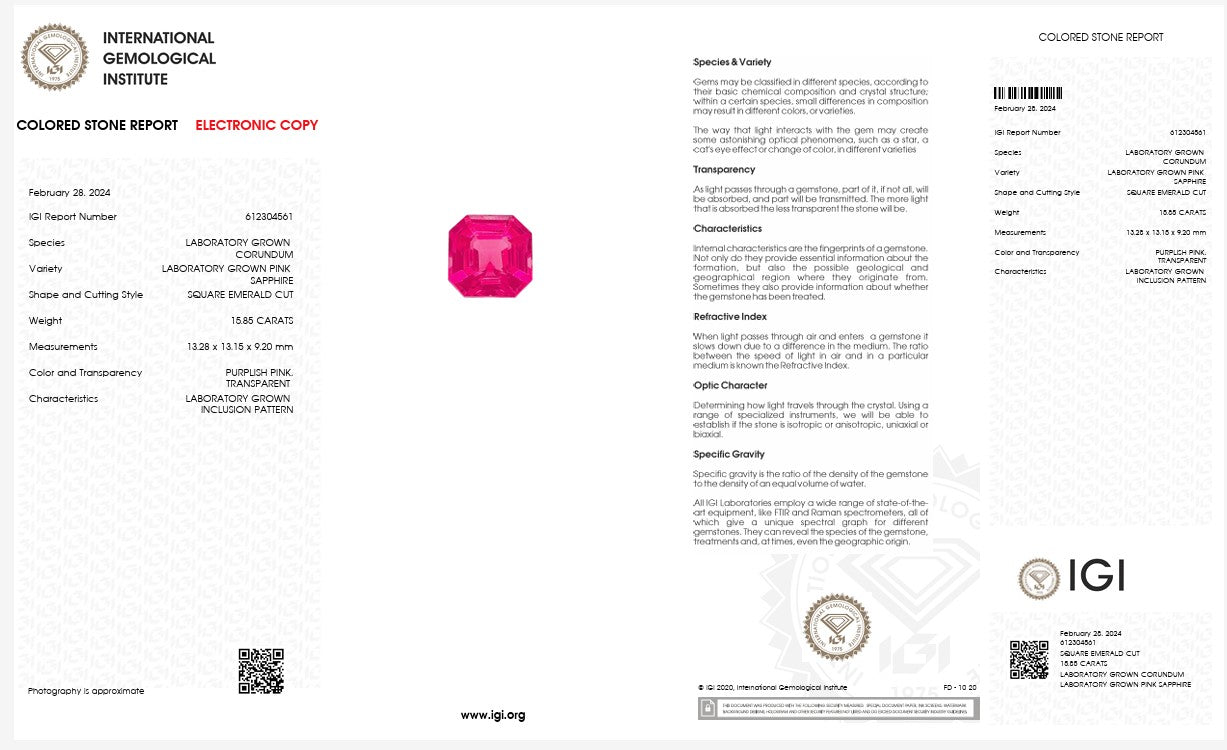 IGI Certified Laboratory Grown Pink Sapphire | 15.85 Carat Square Emerald Cut | Purplish Pink Gemstone Secondary image