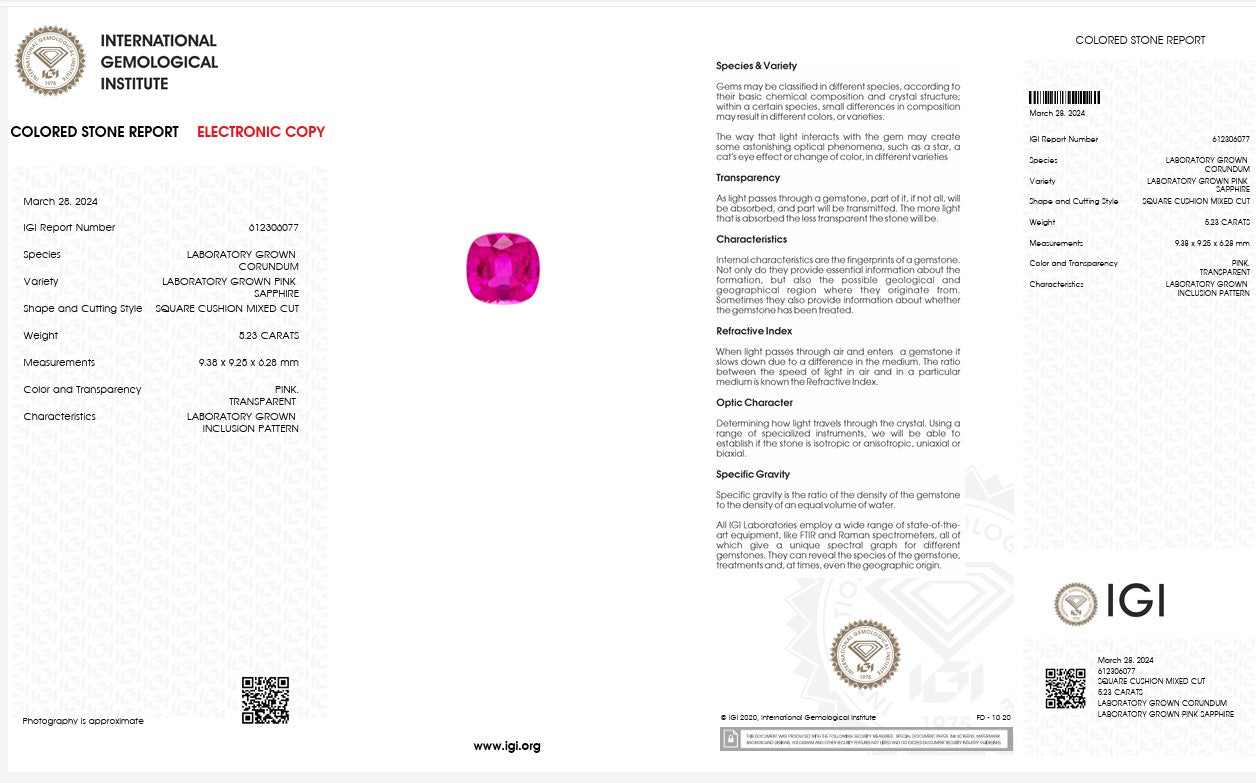 IGI Certified Laboratory Grown Pink Sapphire | 5.23 Carat Square Cushion Mixed Cut | Vibrant Pink Gemstone Secondary image