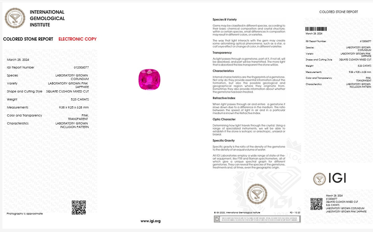 IGI Certified Laboratory Grown Pink Sapphire | 5.23 Carat Square Cushion Mixed Cut | Vibrant Pink Gemstone-Saleh Sallom