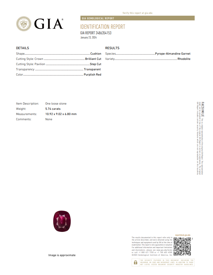 GIA Certified Natural Rhodolite Garnet | 5.74 Carat Cushion Cut | Purplish Red-Saleh Sallom