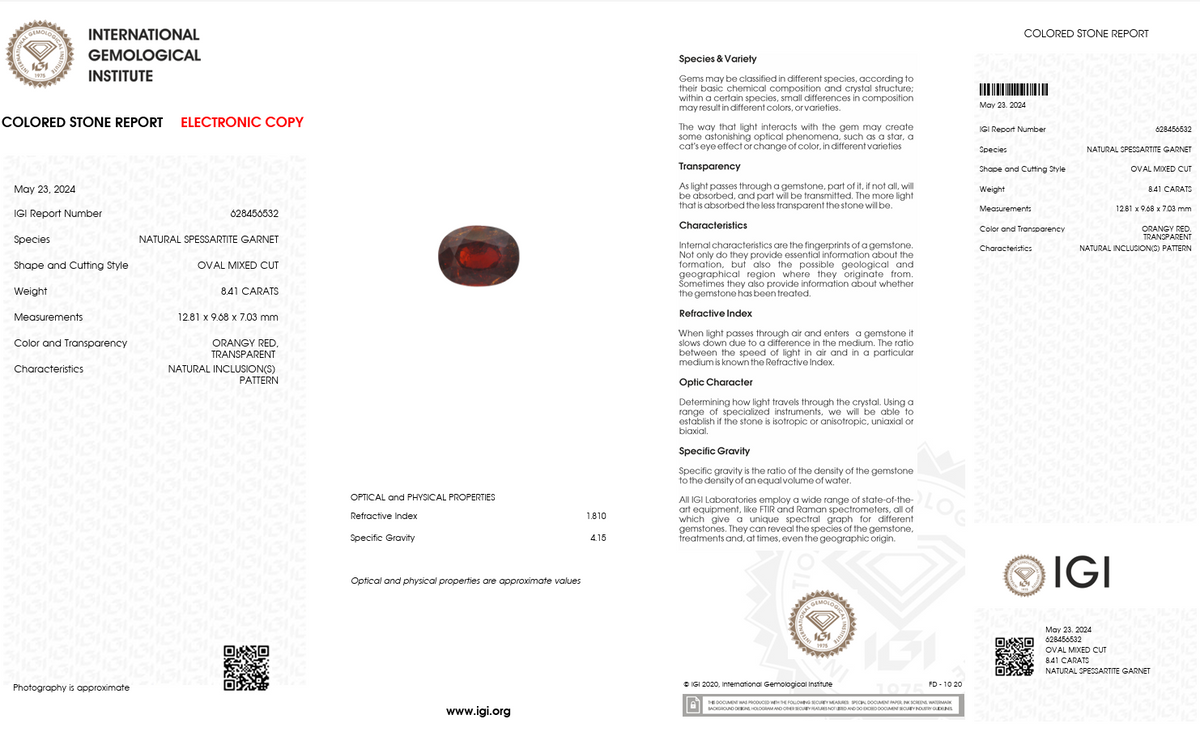 IGI Certified Natural Spessartite Garnet | 8.41 Carat Oval Cut | Orangy Red-Saleh Sallom