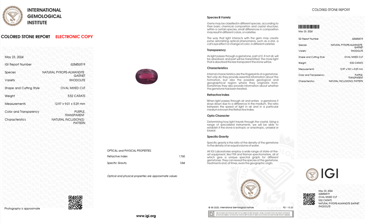 IGI Certified Natural Rhodolite Garnet | 5.52 Carat Oval Cut | Purple-Saleh Sallom