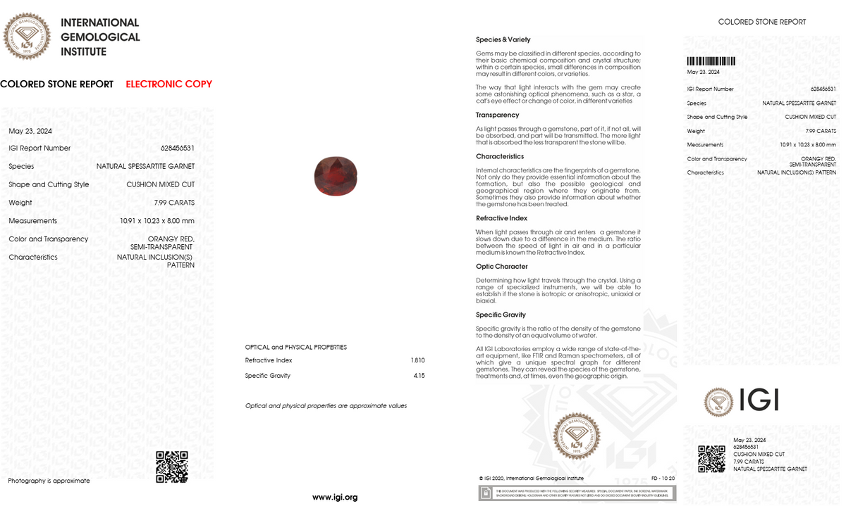 IGI Certified Natural Spessartite Garnet | 7.99 Carat Cushion Cut | Orangy Red-Saleh Sallom