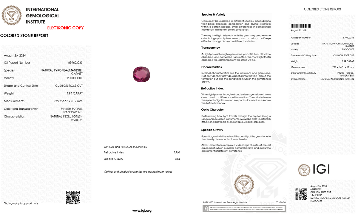 IGI Certified Natural Rhodolite Garnet | 1.94 Carat Cushion Rose Cut | Pinkish Purple-Saleh Sallom