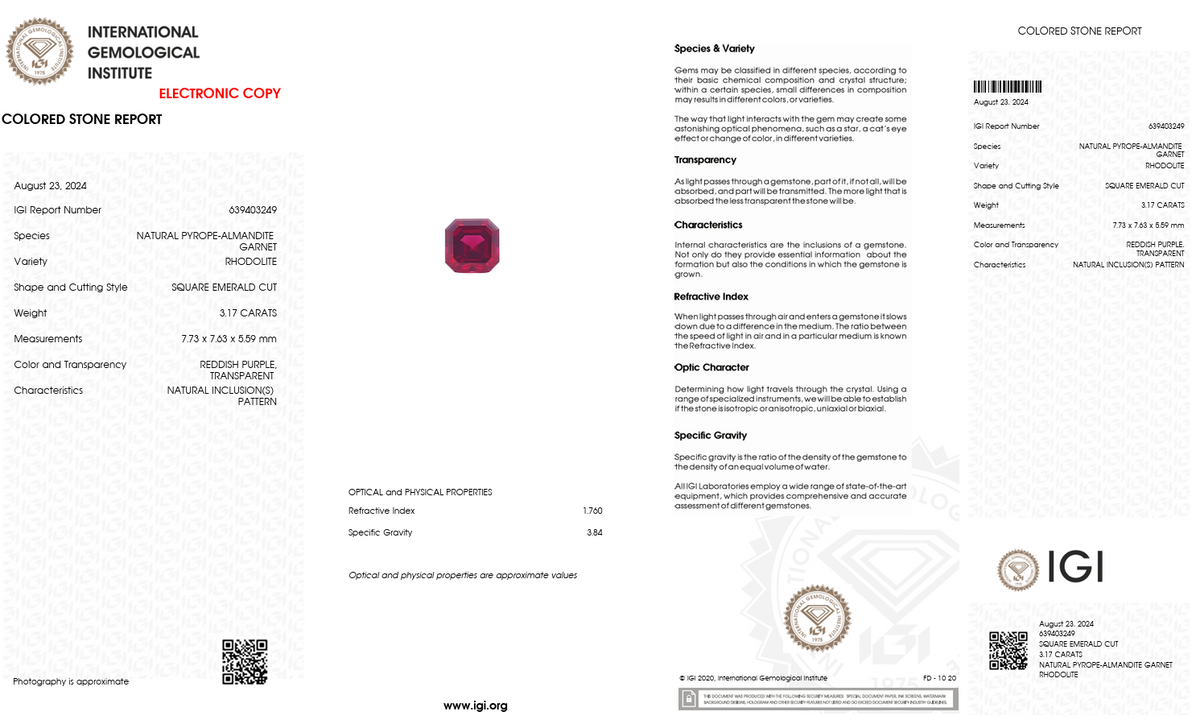 IGI Certified Natural Rhodolite Garnet | 3.17 Carat Square Emerald Cut | Reddish Purple-Saleh Sallom