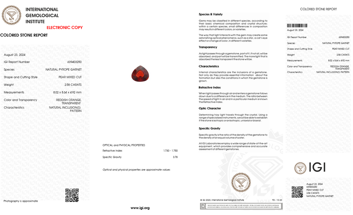 IGI Certified Natural Pyrope Garnet | 2.58 Carat Pear Cut | Reddish Orange-Saleh Sallom