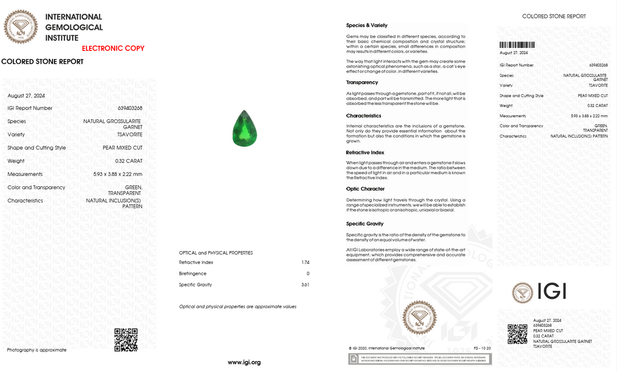 IGI Certified Natural Tsavorite Garnet | 0.32 Carat Pear Cut | Green-Saleh Sallom