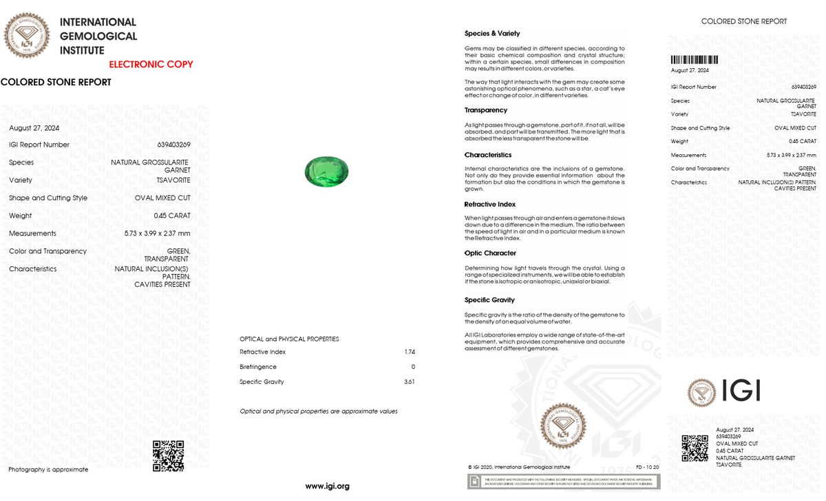 IGI Certified Natural Tsavorite Garnet | 0.45 Carat Oval Cut | Green-Saleh Sallom
