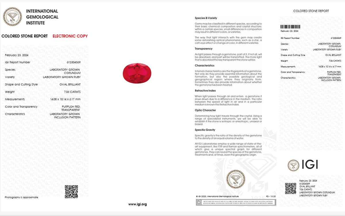 IGI Certified Laboratory Grown Ruby | 7.06 Carat Oval Brilliant Cut | Purplish Red Gemstone-Saleh Sallom