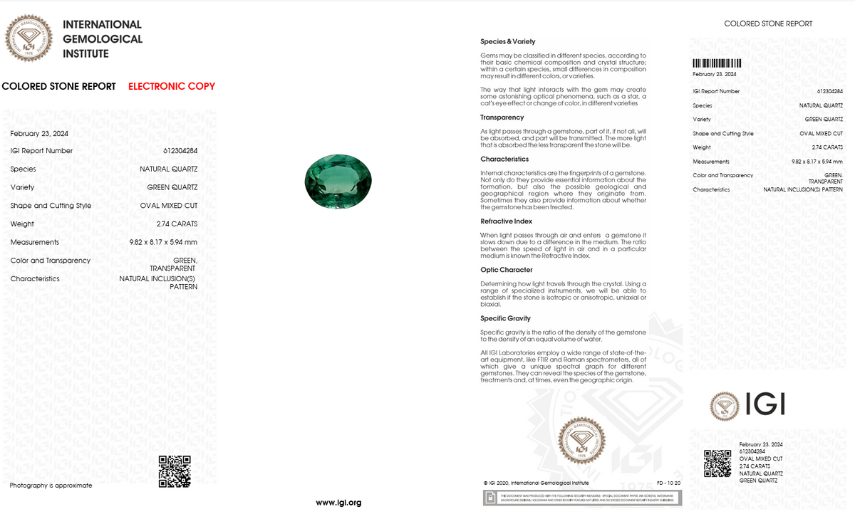 IGI Certified Natural Green Quartz | 2.74 Carat Oval Cut | Transparent Green