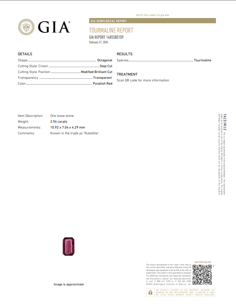 GIA Certified Natural Rubellite Tourmaline | 2.94 Carat Octagonal Cut | Purplish Red