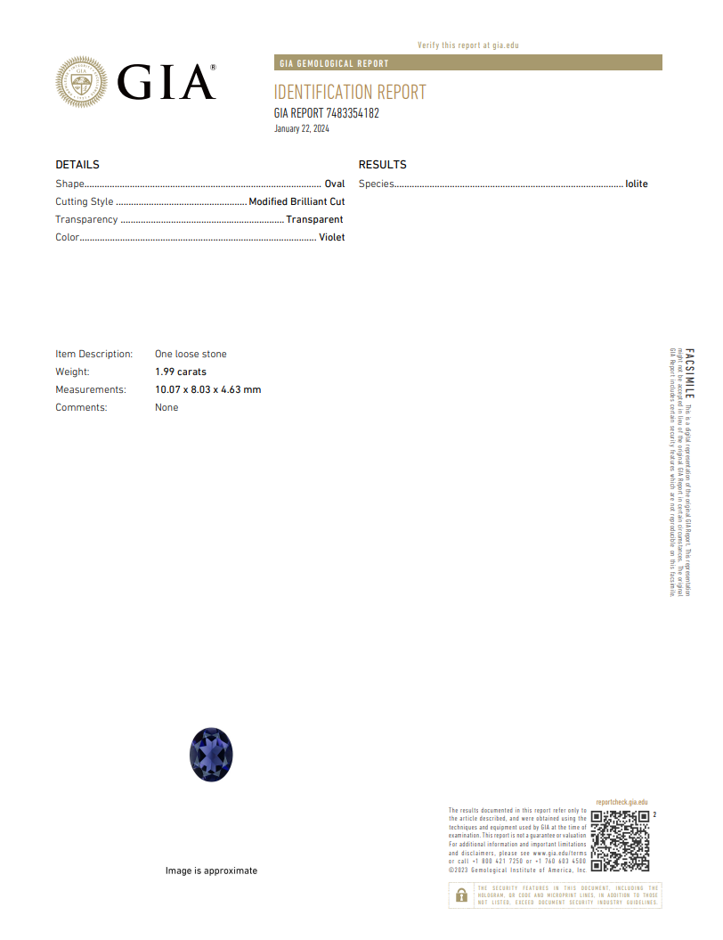 GIA Certified Natural Iolite | 1.99 Carat Oval Cut | Deep Violet Blue