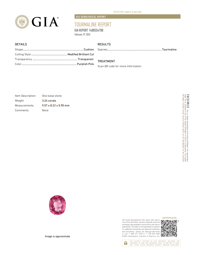 GIA Certified Natural Pink Tourmaline | 3.24 Carat Cushion Cut | Purplish Pink