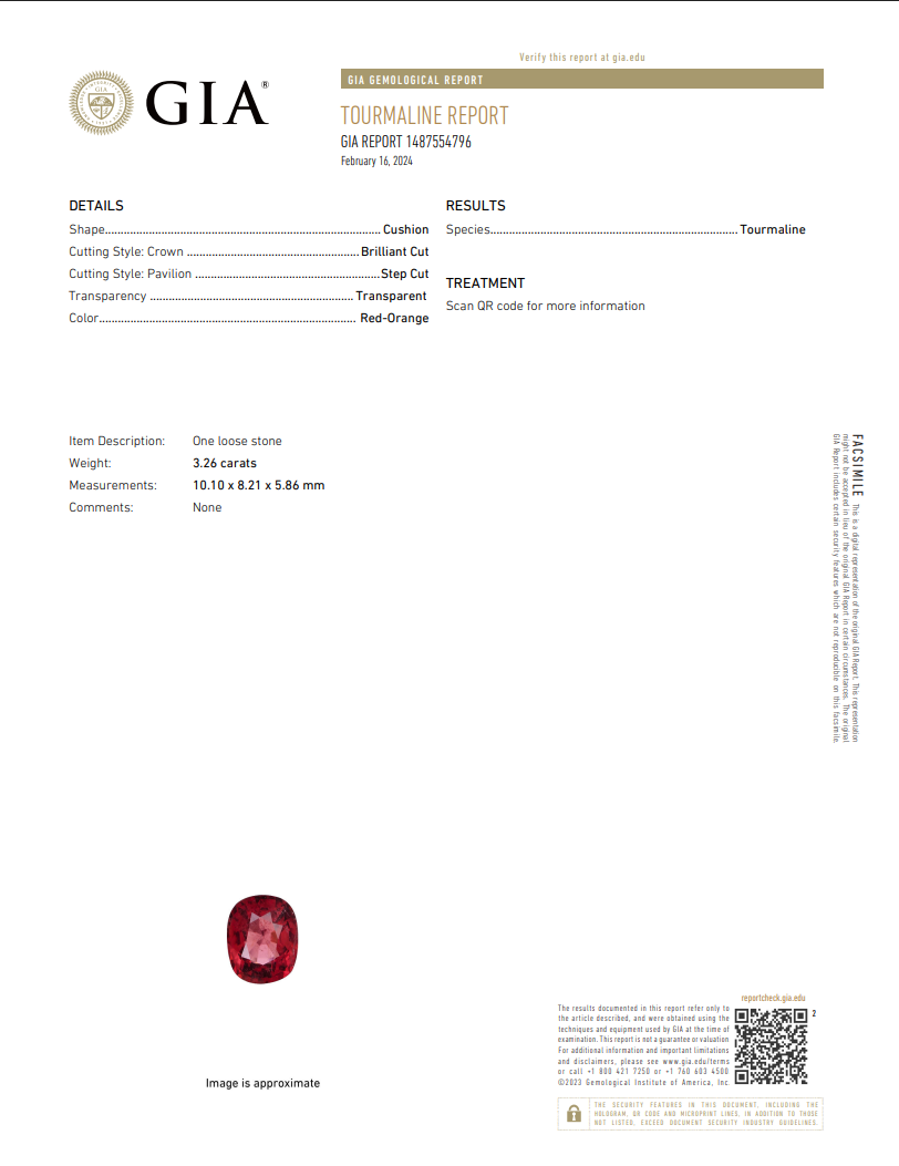 GIA Certified Natural Red-Orange Tourmaline | 3.26 Carat Cushion Cut | Vivid Sunset Glow