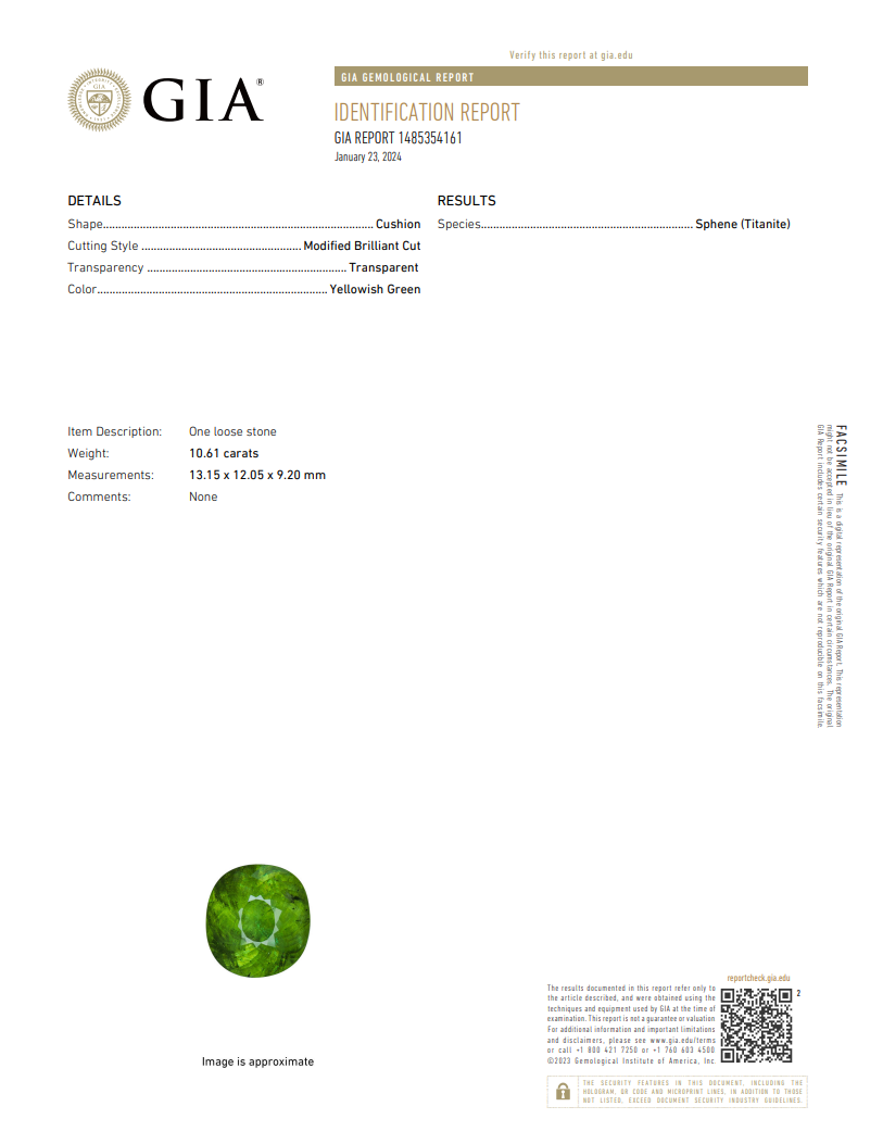 GIA Identified Natural Sphene (Titanite) | 10.61 Carat Cushion Cut | Vivid Yellowish Green Fire