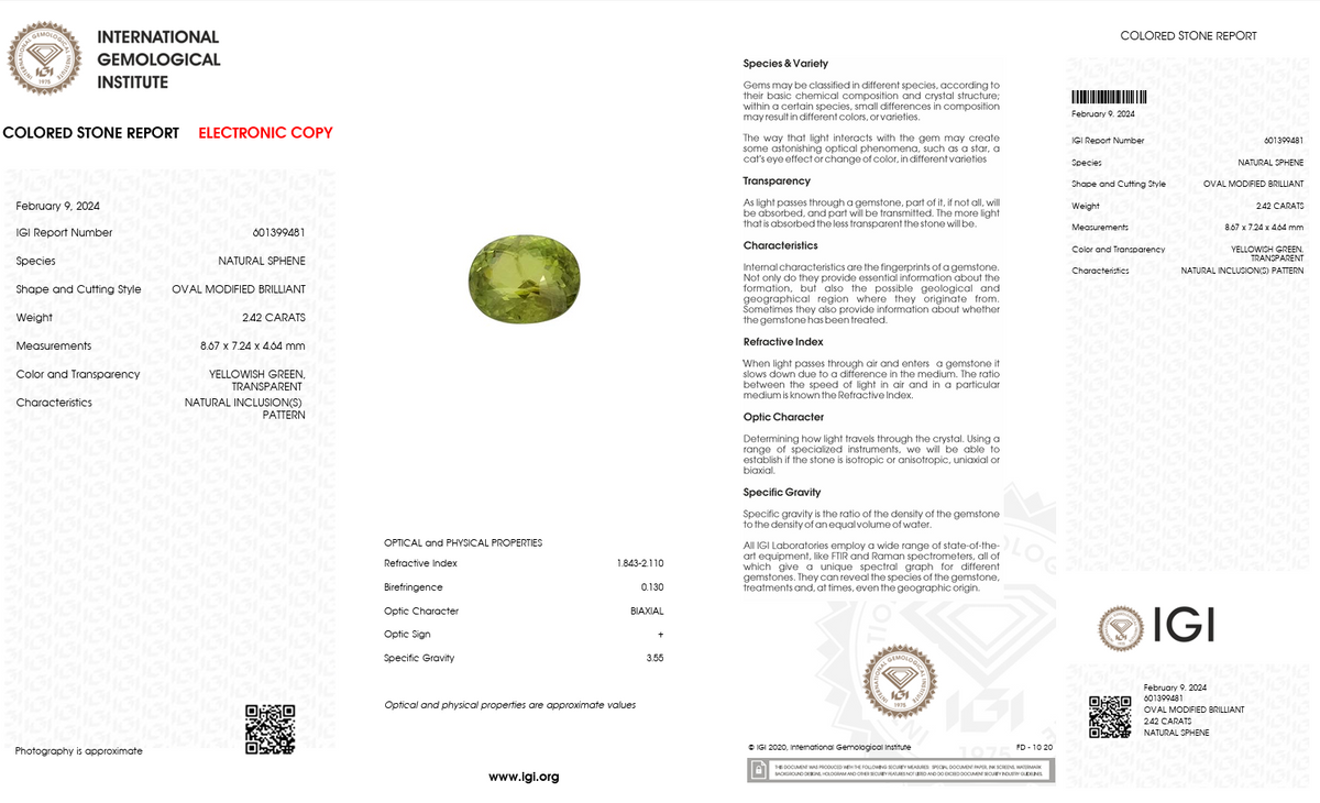 IGI Certified Natural Sphene | 2.42 Carat Oval Cut | Yellowish Green Fire Gemstone