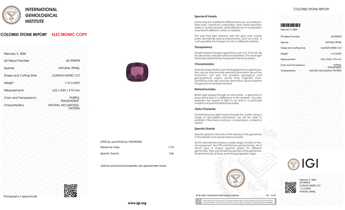 IGI Certified Natural Purple Spinel | 1.16 Carat Cushion Cut | Vibrant Violet Gemstone