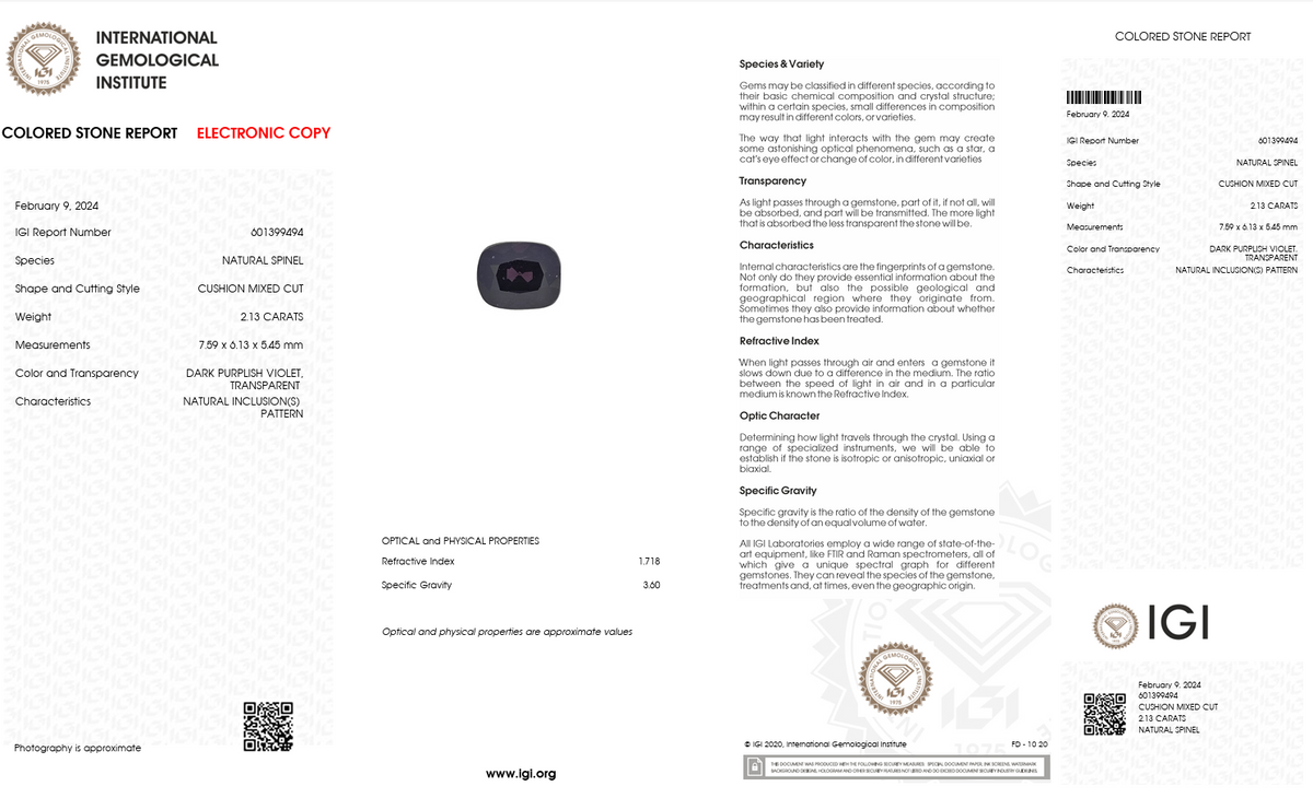 IGI Certified Natural Dark Purple Spinel | 2.13 Carat Cushion Cut | Deep Violet Luxury Gem