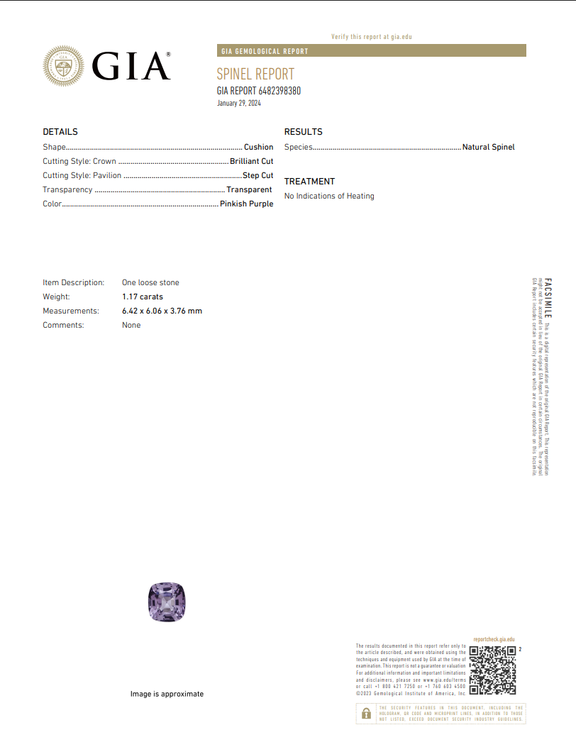 GIA Certified Natural Pinkish Purple Spinel | 1.17 Carat Cushion Cut | Unheated Fine Gemstone-Saleh Sallom