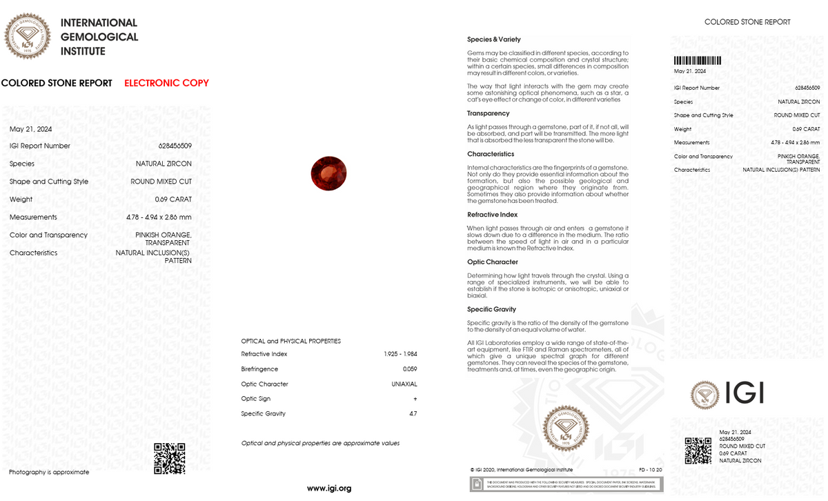 IGI Certified Natural Pinkish Orange Zircon | 0.69 Carat Round Cut | High Brilliance Fire Gemstone