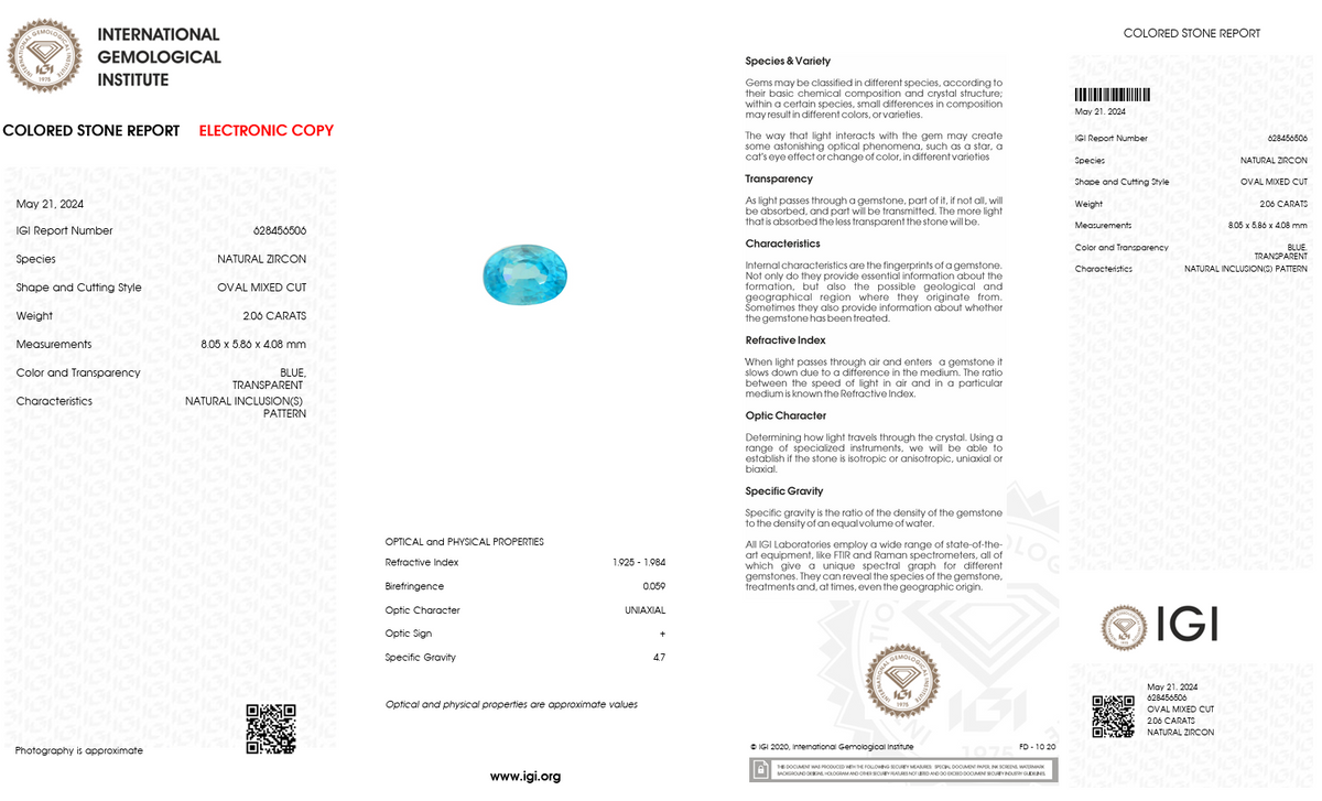 IGI Certified Natural Blue Zircon | 2.06 Carat Oval Cut | Brilliant Ocean Blue Gemstone