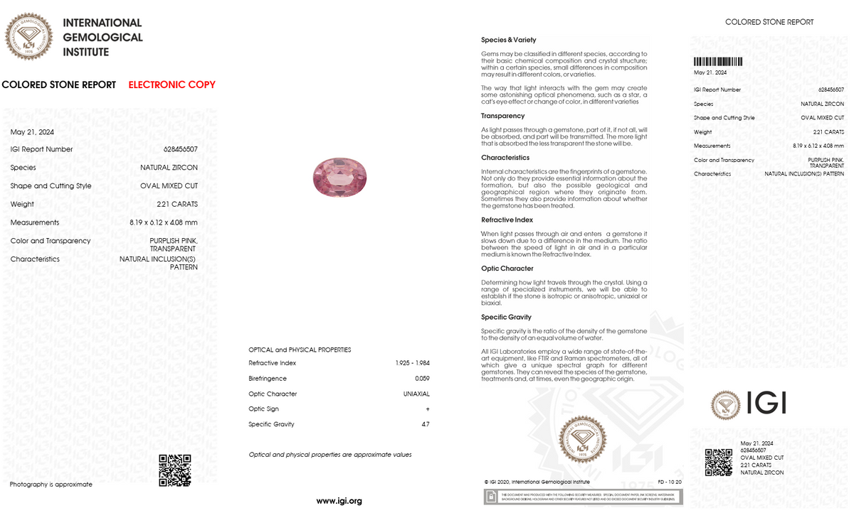 IGI Certified Natural Pink Zircon | 2.21 Carat Oval Cut | Brilliant Blush Luxury Gemstone-Saleh Sallom
