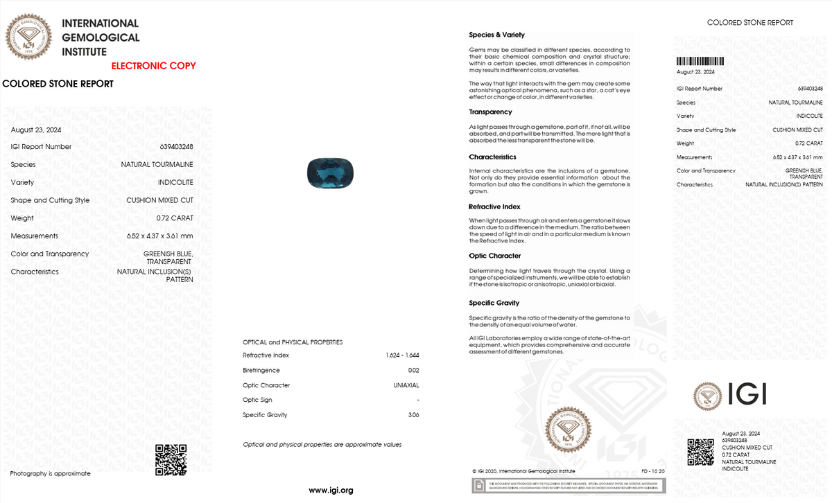 IGI Certified Natural Indicolite Tourmaline | 0.72 Carat Cushion Cut | Rare Greenish Blue Gemstonev