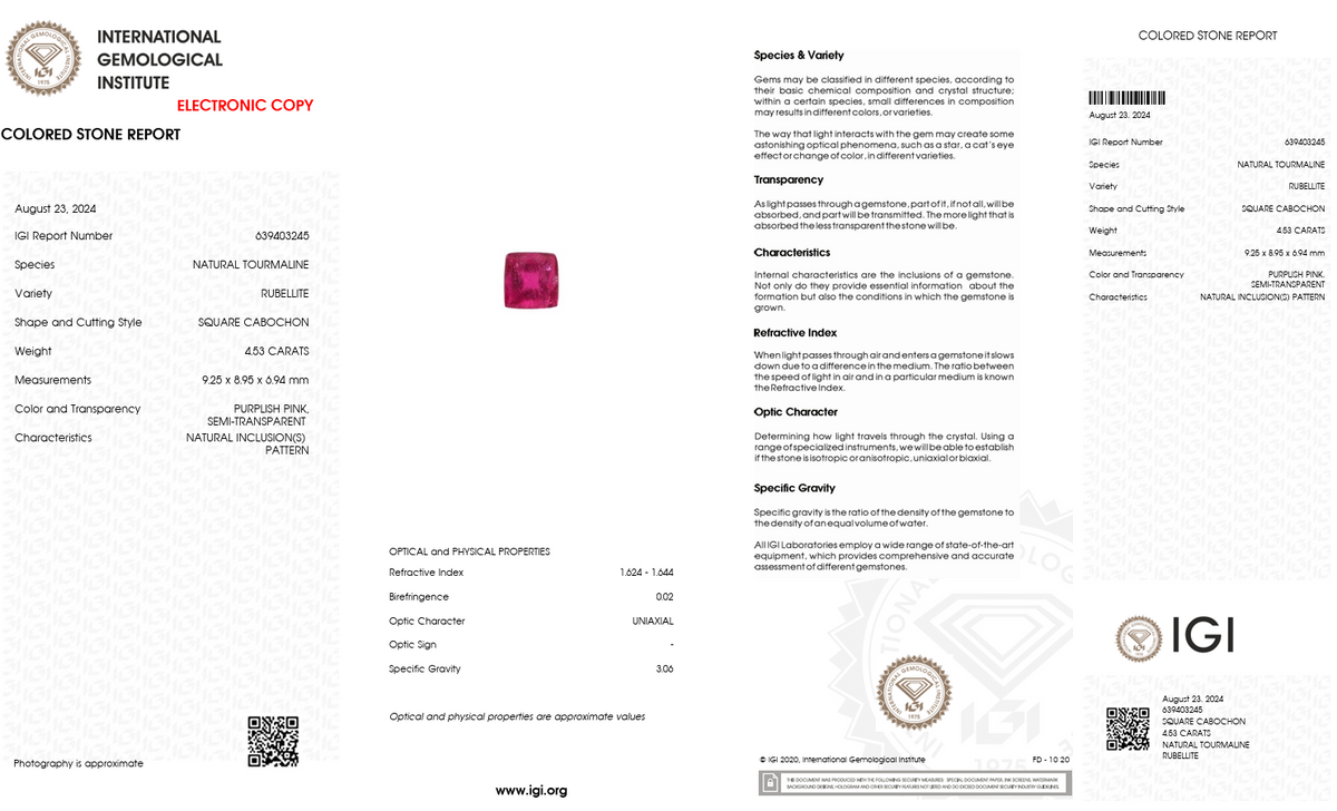 IGI Certified Natural Rubellite Tourmaline | 4.53 Carat Square Cabochon | Rich Purplish Pink Gemstone