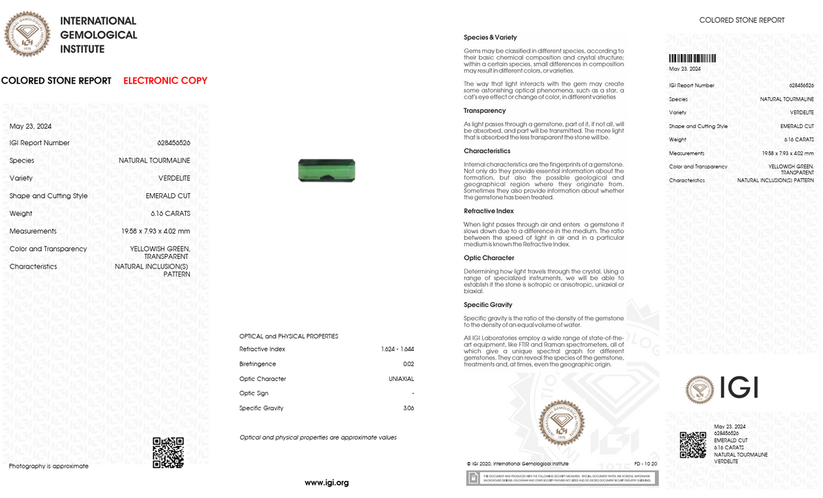 IGI Certified Natural Verdelite Tourmaline | 6.16 Carat Emerald Cut | Elegant Yellowish Green Gemstone-Saleh Sallom