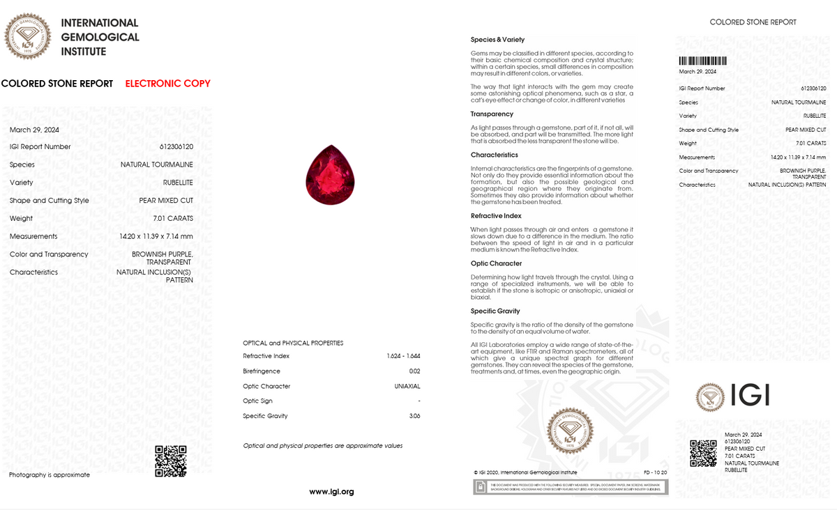 IGI Certified Natural Rubellite Tourmaline | 7.01 Carat Pear Cut | Intense Purplish Red Statement Gemstone