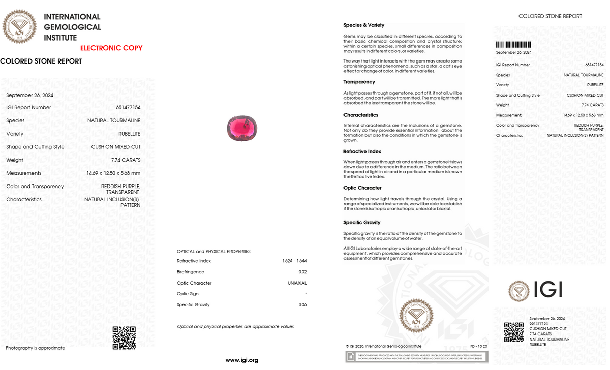 IGI Certified Natural Rubellite Tourmaline | 7.74 Carat Cushion Cut | Reddish Purple Premium Gemstone-Saleh Sallom