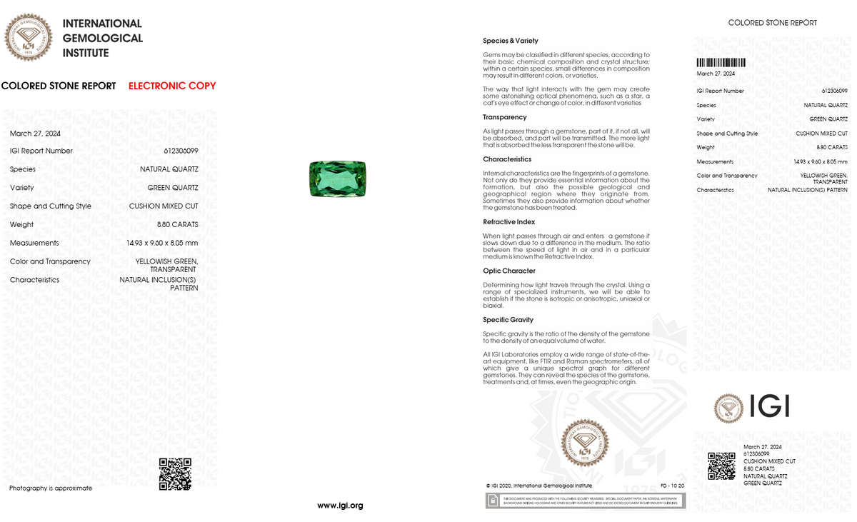 IGI Certified Natural Green Quartz | 8.80 Carat Cushion Cut | Yellowish Green Statement Gemstone